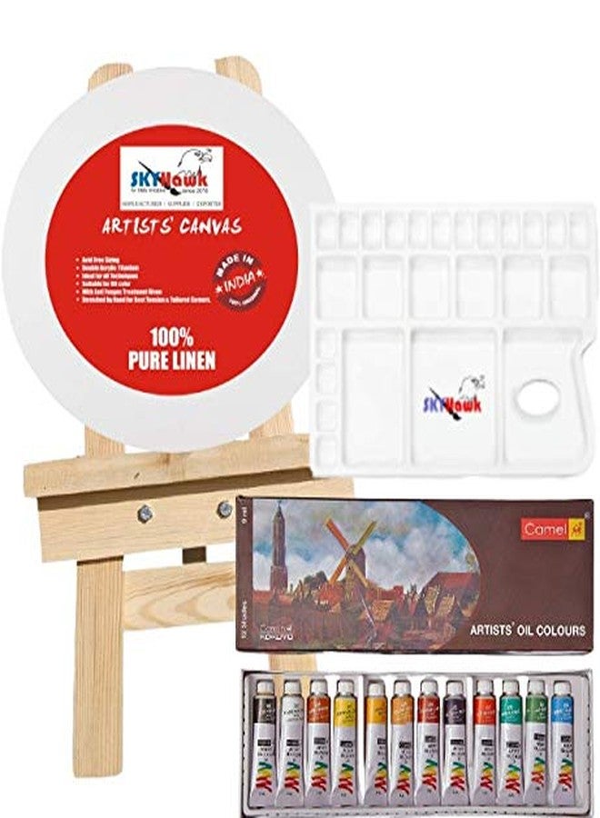 SKYHawk Artist Kit with Pine Wood Easel + Camel Artist's Oil Color Box - 9ml Tubes + Linen Fine Grain Circle Painting Canvas(16 Inch) + Painting Brush Sets + Colour Mixing Palette Large 25 Paint Well - Image 1